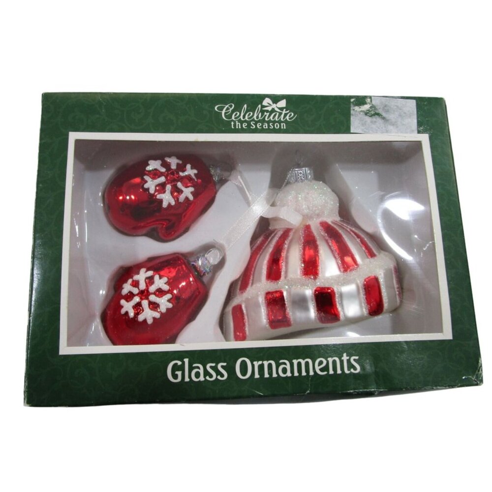 Mercury  Style Hat Mittens 3pc Ornament Set GUC Red White Vintage Glass